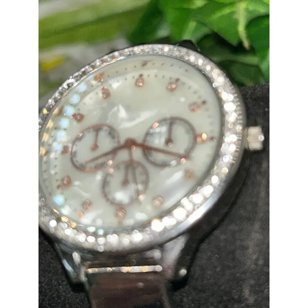 Jessica Carlyle Silver Tone Crystal Dress Watch MOP Dial Three Hand Quartz
